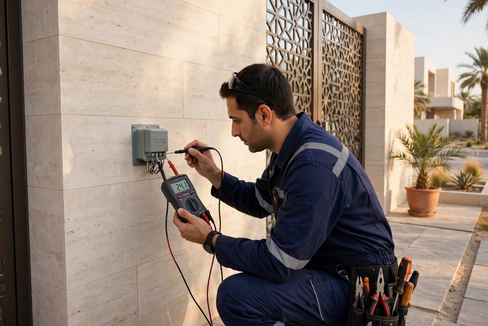 Electrician testing doorbell transformer problems with a multimeter at a Riyadh villa entrance