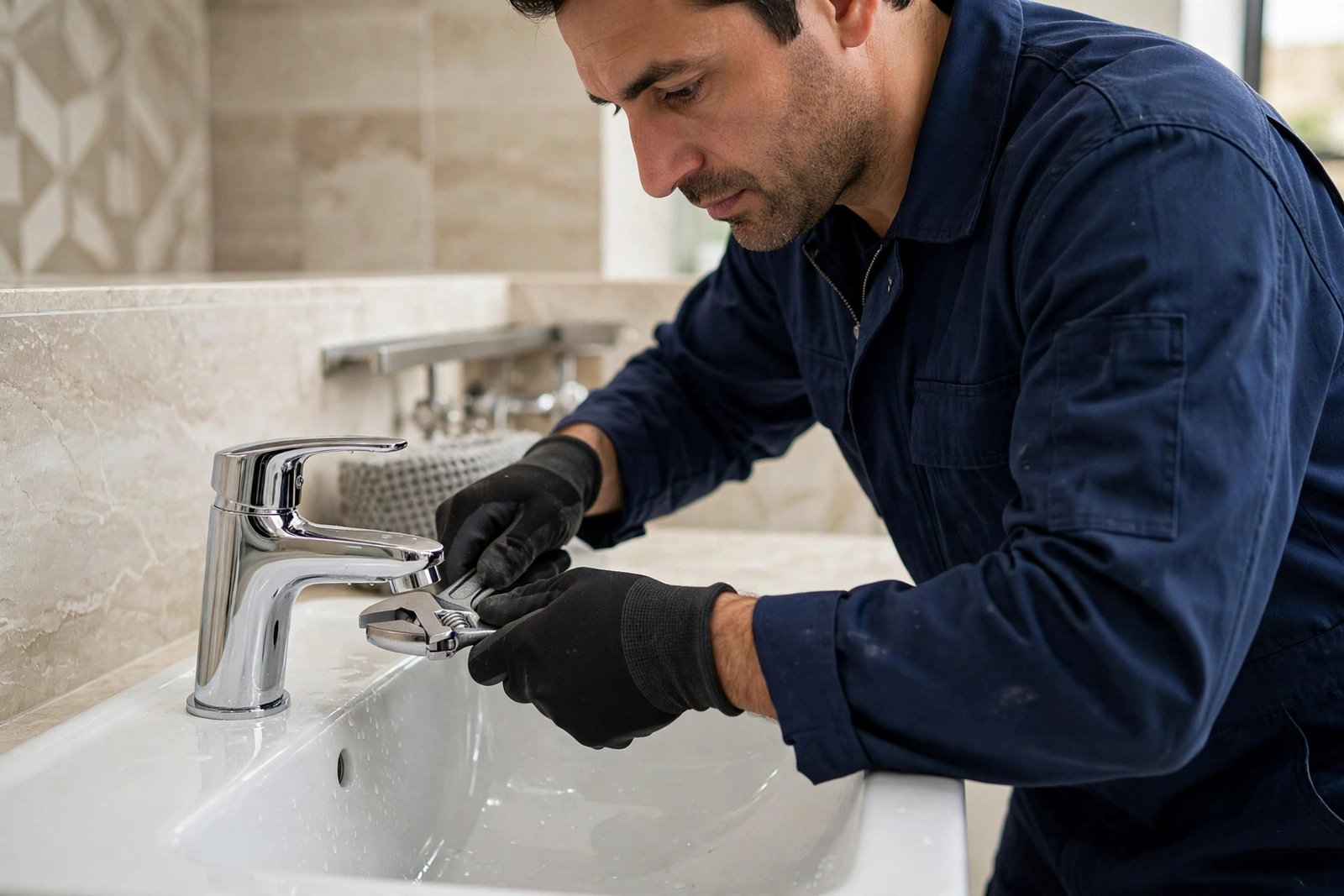 washbasin mixer replacement steps: plumber installing a new chrome mixer tap on a washbasin in a Riyadh villa bathroom
