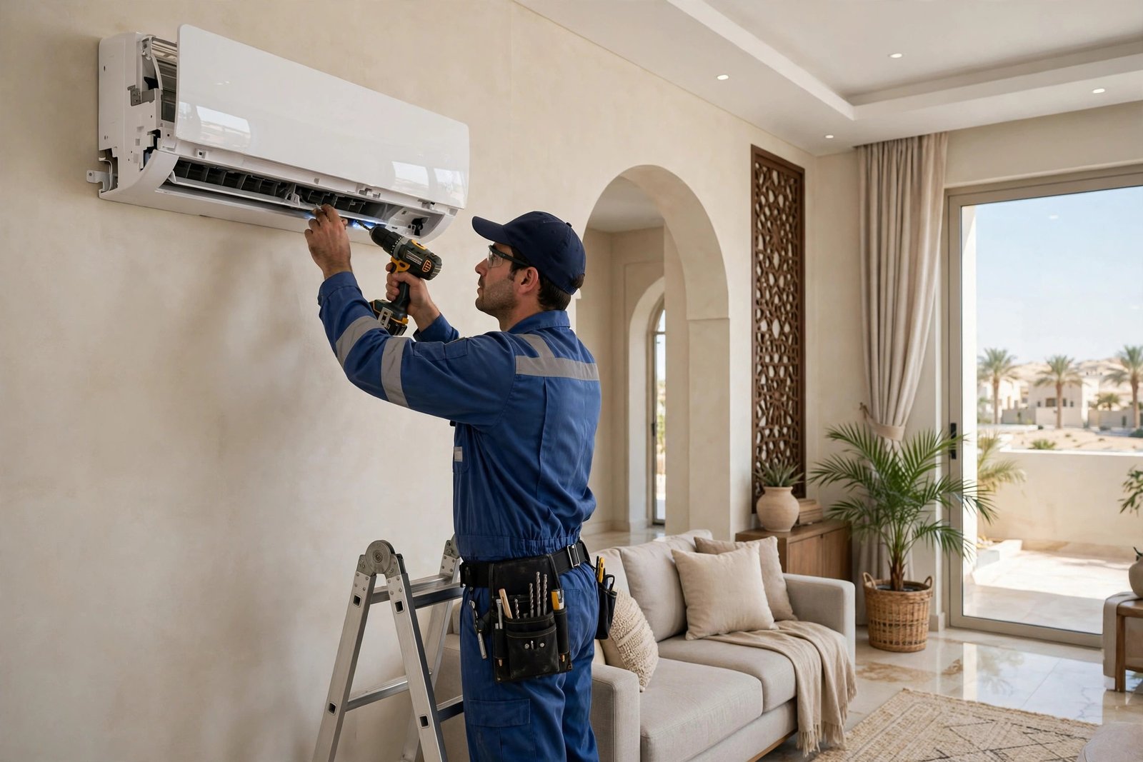 Inverter vs non inverter split ac indoor unit being installed on a villa wall in Riyadh