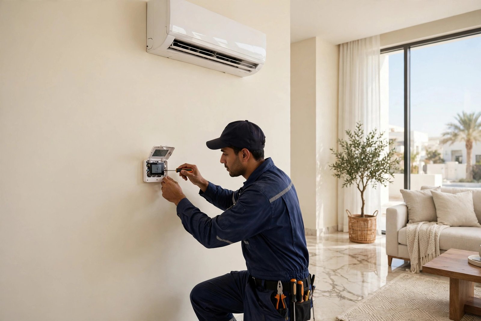 AC thermostat replacement signs: uniformed technician checking a digital wall thermostat in a Riyadh villa