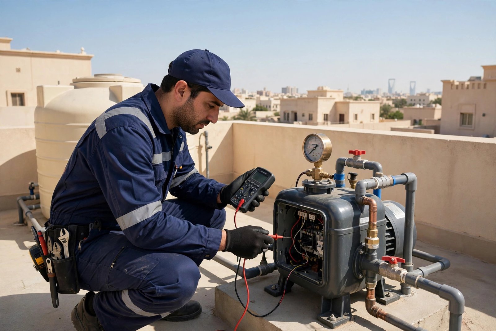 Plumber diagnosing a water booster pump not working on a Riyadh villa rooftop