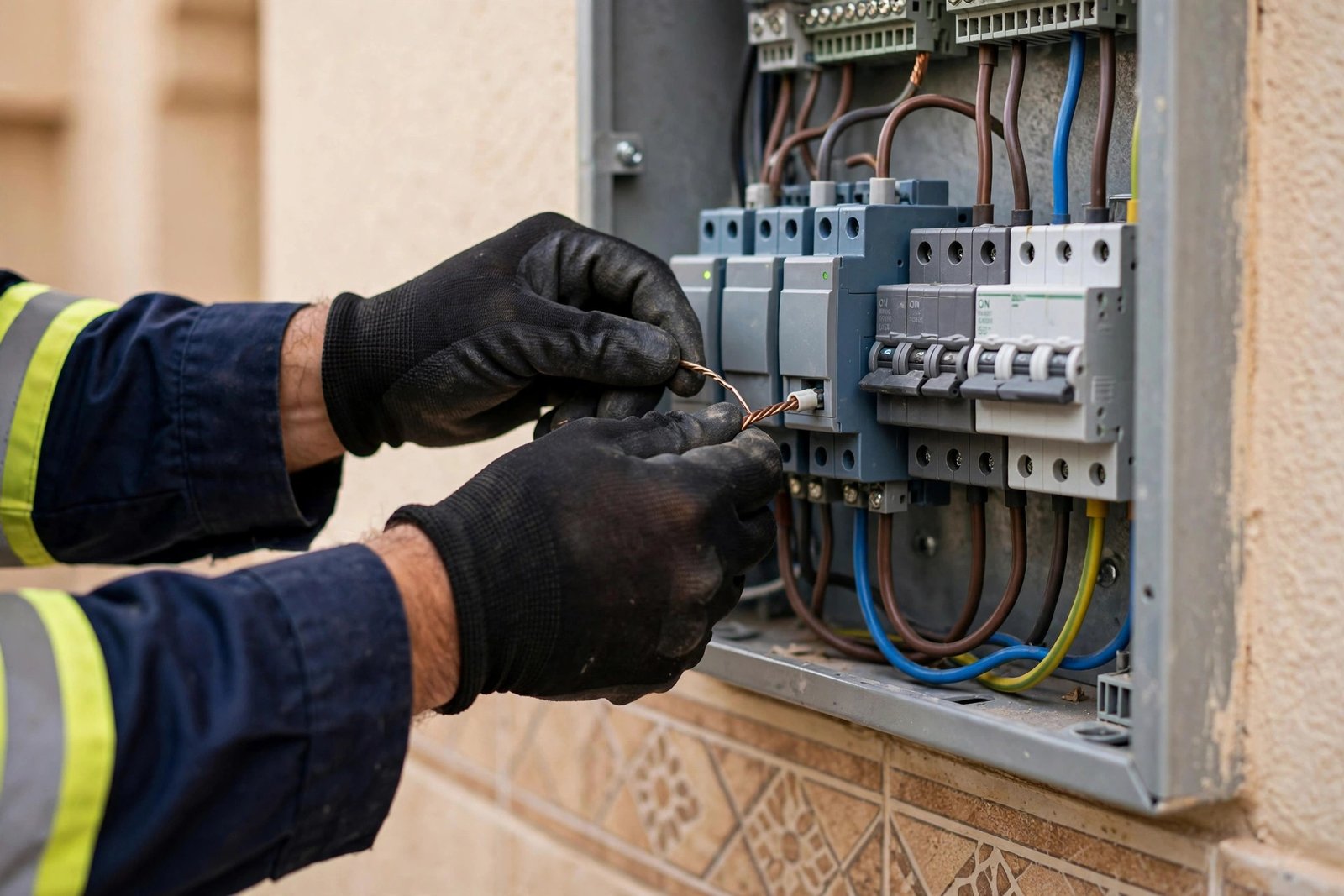 Electrician installing a whole villa surge protection device at a villa distribution panel in Riyadh
