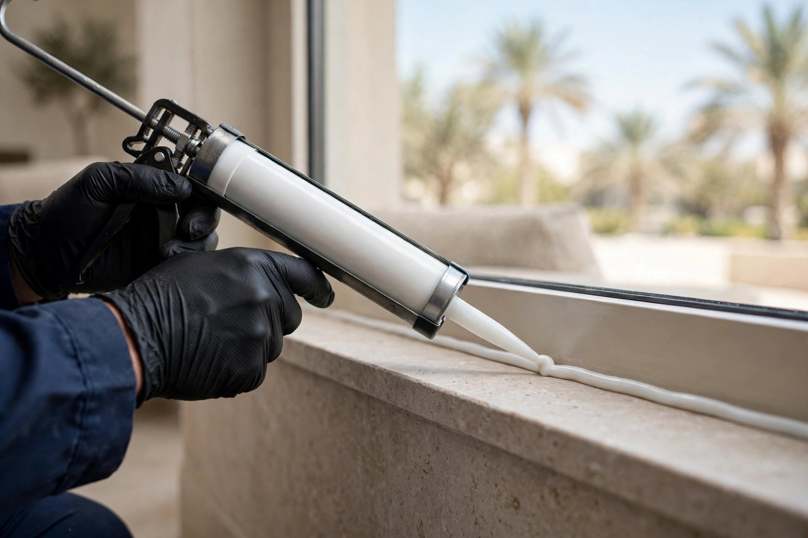 Technician applying silicone sealant for window sill leakage sealing in a Riyadh villa