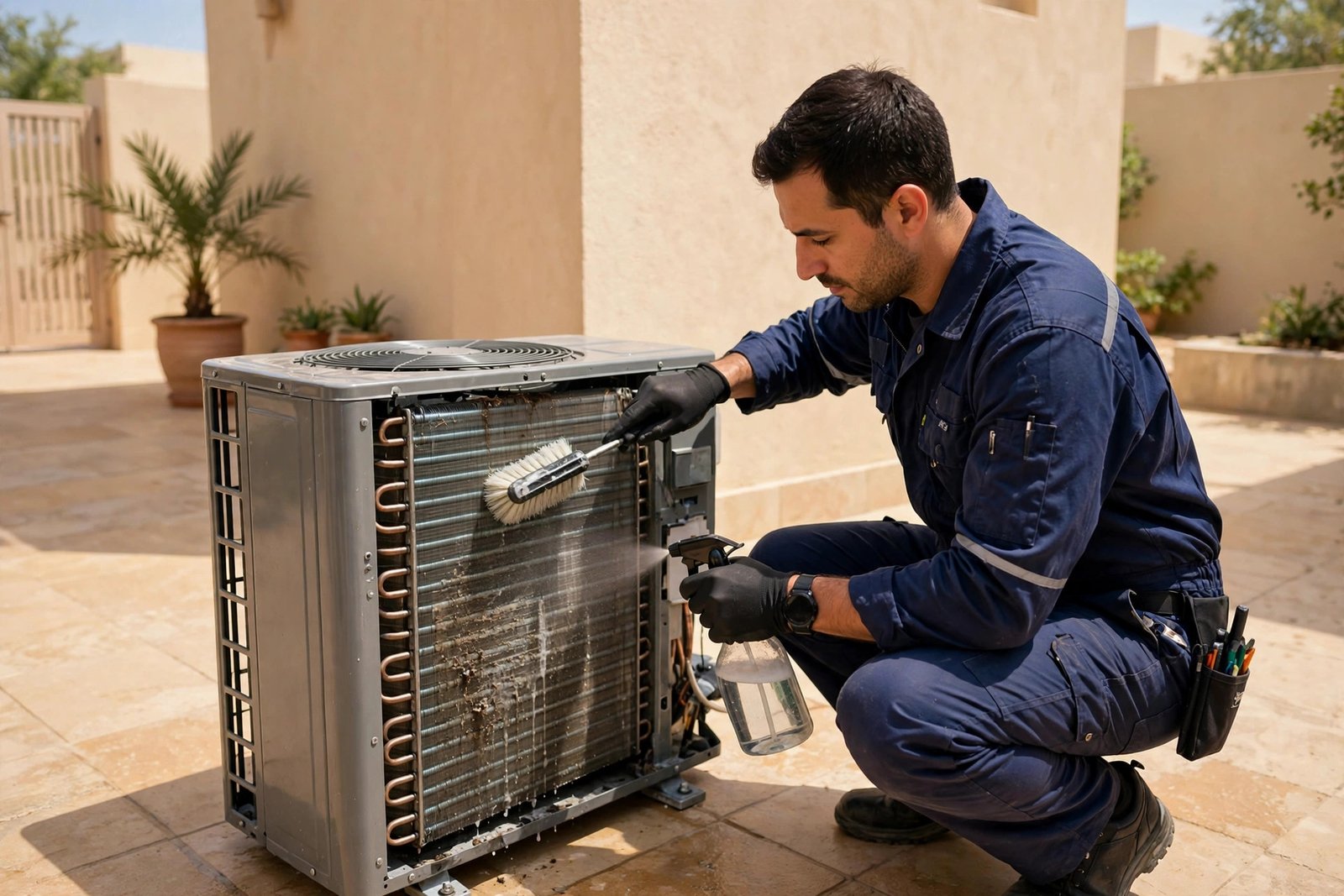 Technician performing condenser coil cleaning, part of the ac coil cleaning cost Riyadh service at a Saudi villa