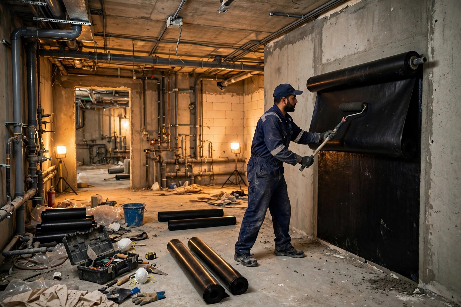 Basement waterproofing methods: technician applying waterproof membrane to a villa basement wall in Riyadh