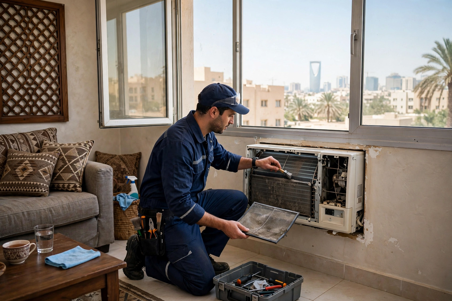 window ac repair cost riyadh: certified technician servicing a window AC unit in a Riyadh home