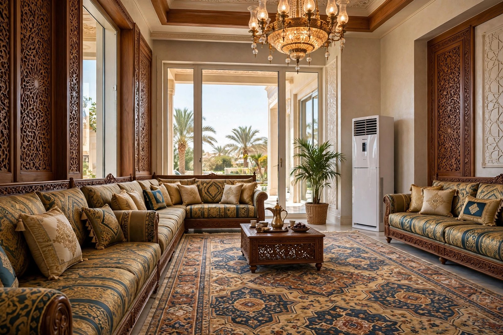 Floor standing AC unit cooling a large Saudi villa majlis in Riyadh