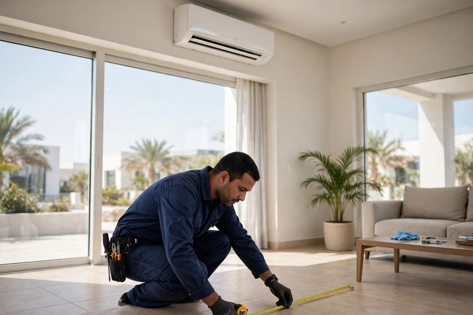 split ac tonnage size guide: technician measuring a Saudi villa living room to size a split AC