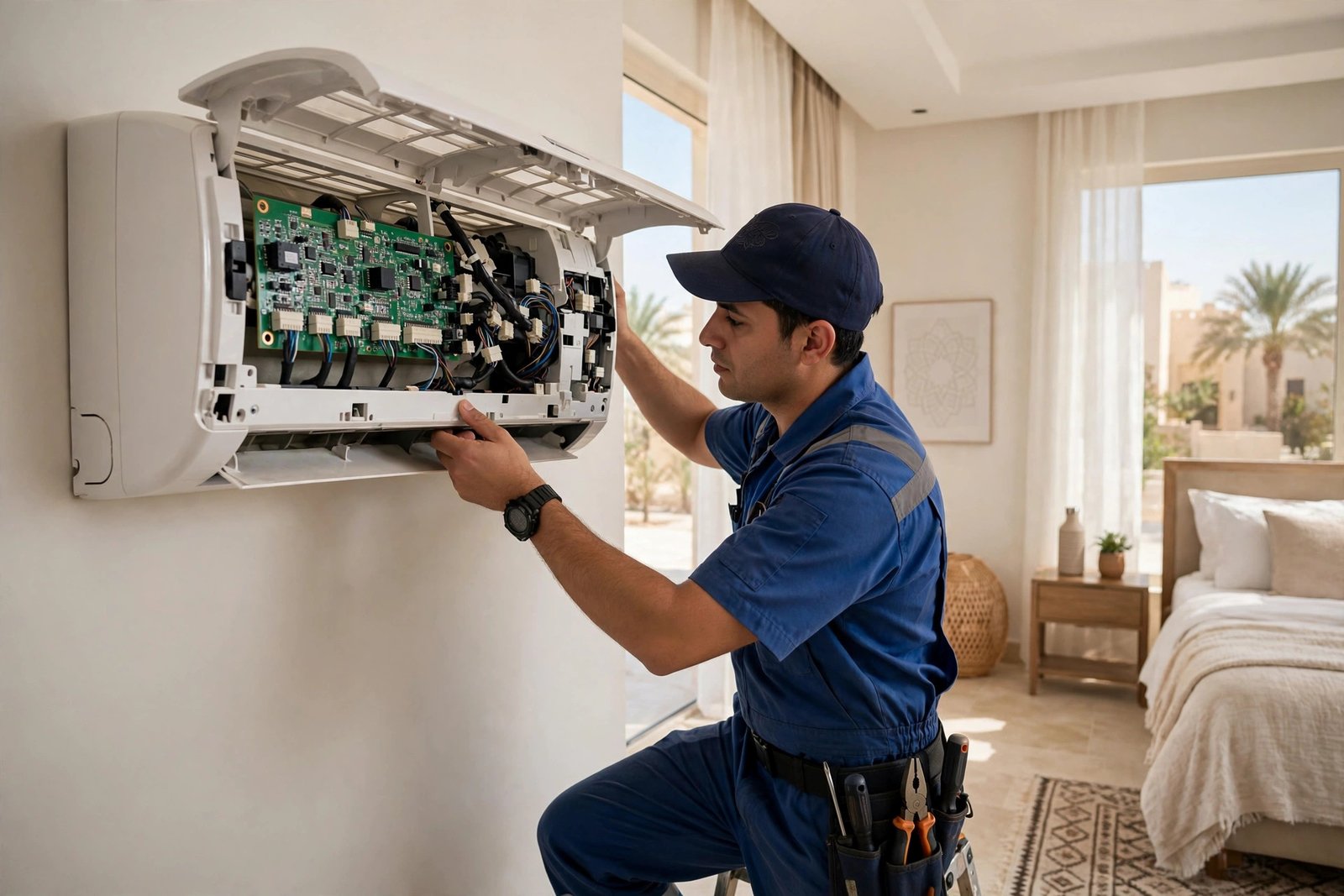 AC PCB failure signs: technician inspecting split AC control board in Riyadh villa