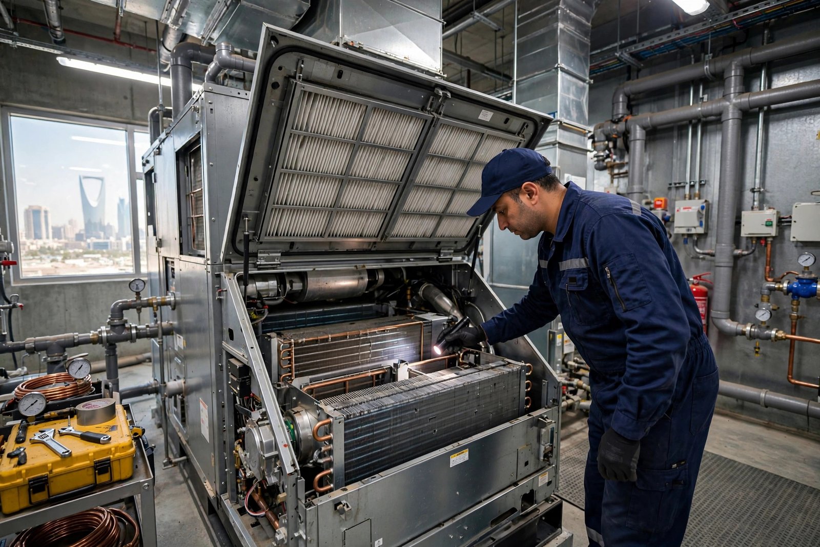 Certified HVAC technician performing an AHU maintenance checklist on an air handling unit in a Riyadh commercial building