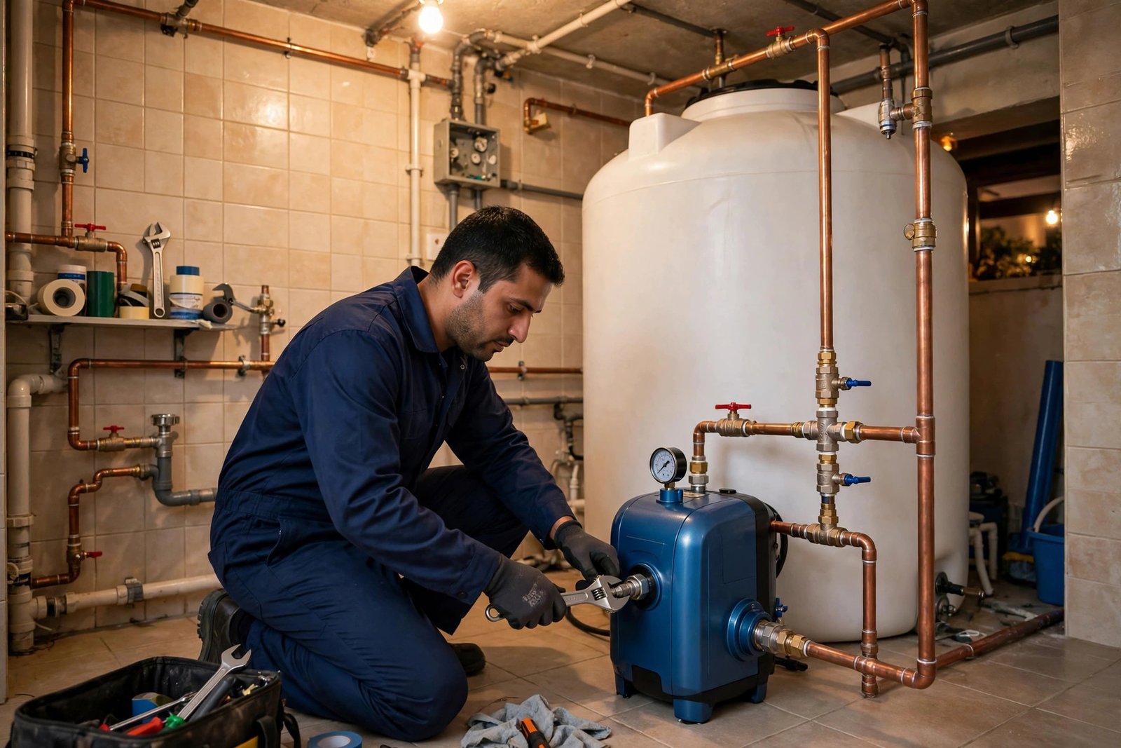 Plumber installing the best water pump for a villa in Riyadh utility room
