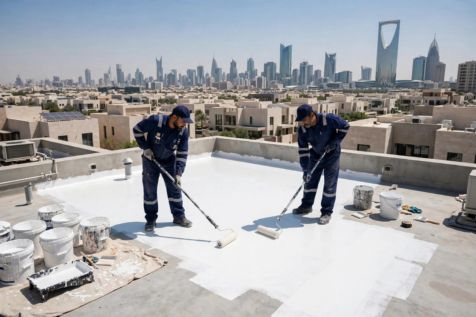 Professional painters applying heat reflective roof paint for maximum cooling benefits on a Riyadh villa rooftop
