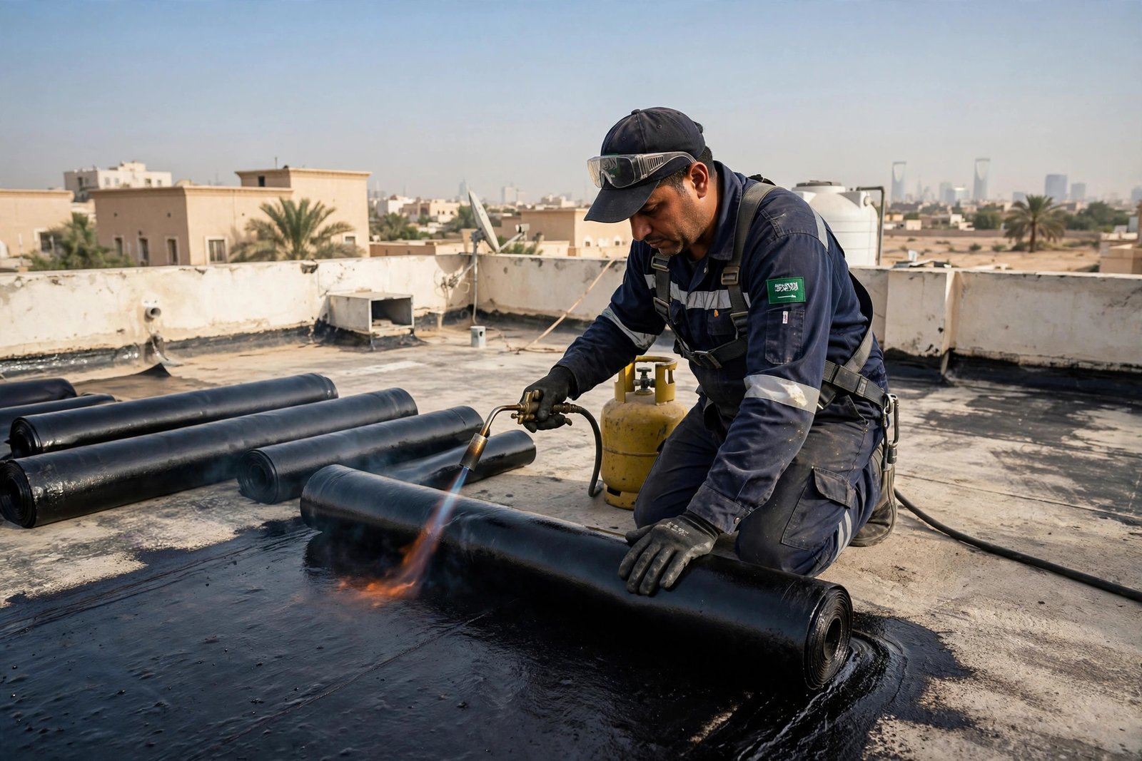 Technician torch-applying bitumen membrane waterproofing on a Riyadh villa roof