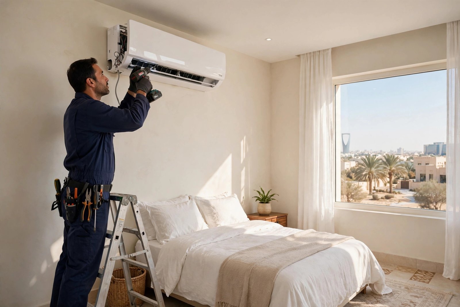 New ac prices riyadh brand guide: technician installing a new split AC indoor unit in a Riyadh villa bedroom