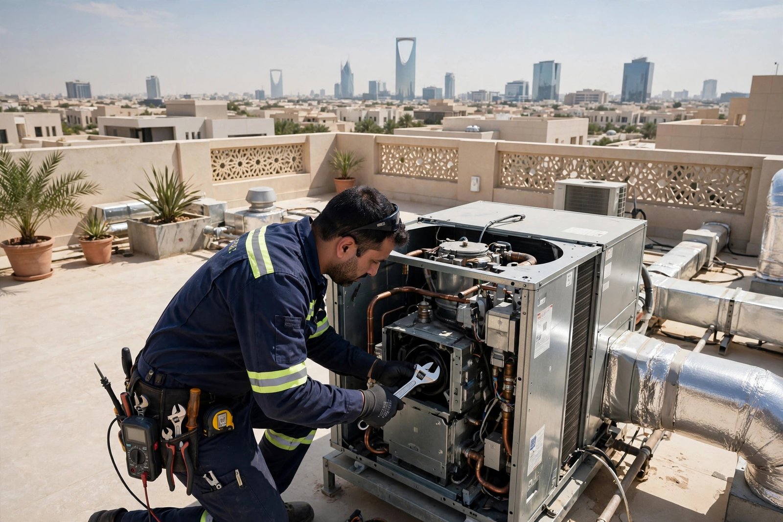 Central AC service cost Riyadh: technician servicing a ducted AC unit on a Saudi villa rooftop