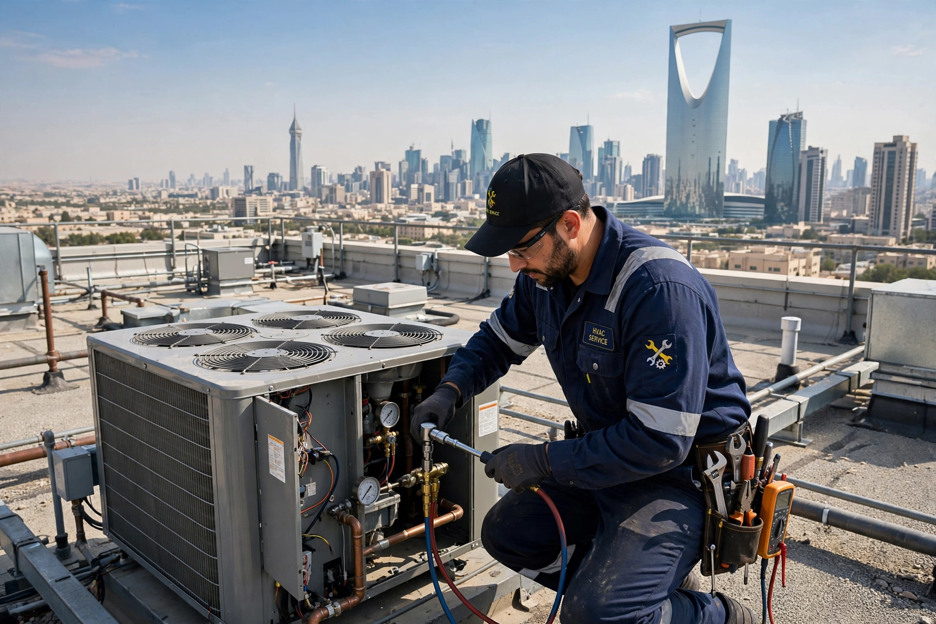 HVAC technician performing rooftop ac service Riyadh on a large commercial rooftop AC unit