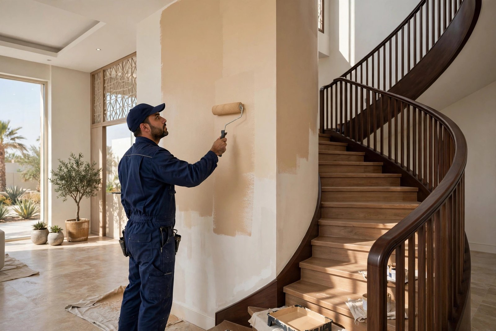 Professional painter following staircase wall painting tips, rolling warm beige paint on a villa staircase wall in Riyadh
