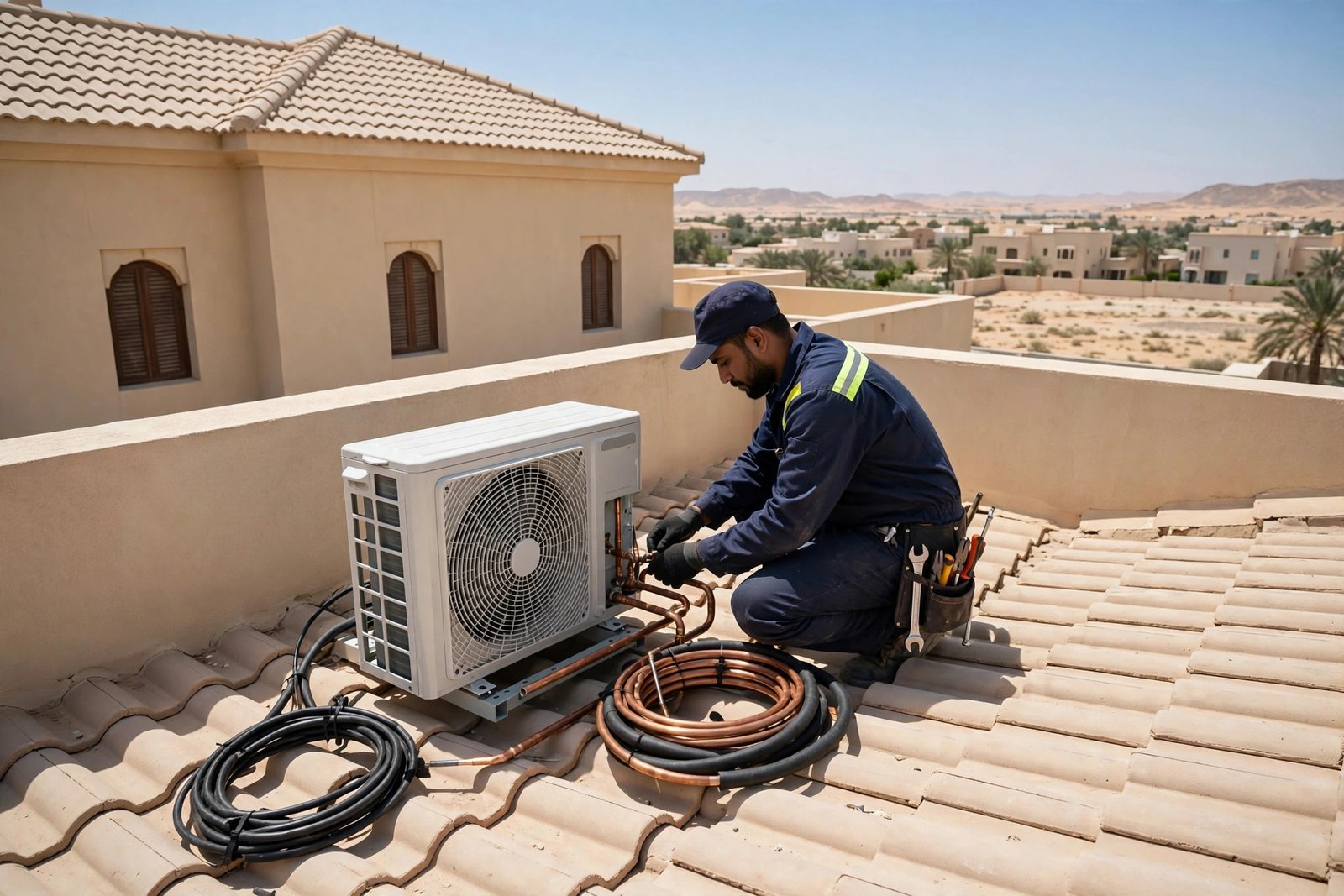Split ac outdoor unit placement on a Riyadh villa rooftop by a SheelTalab technician