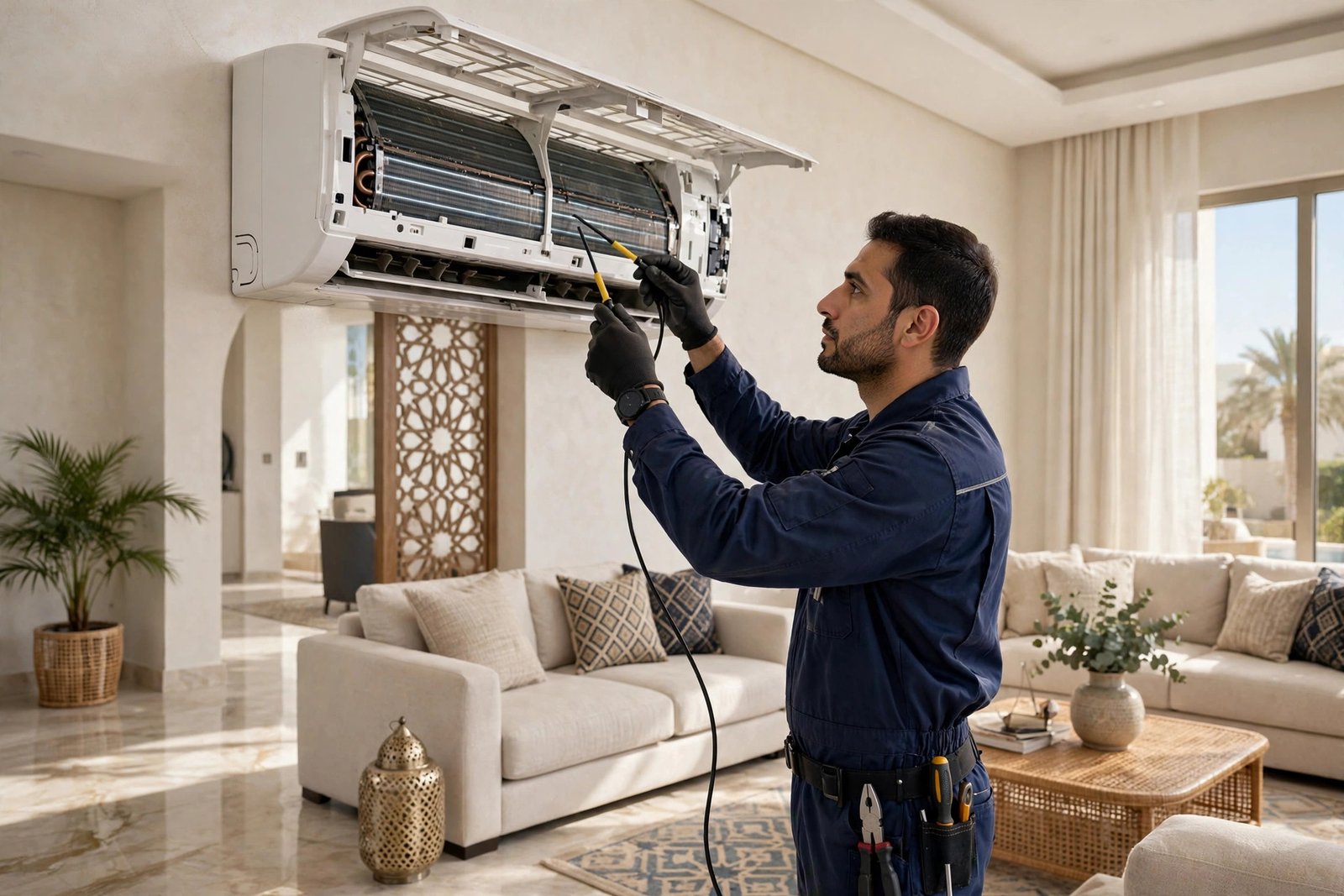 AC technician inspecting split AC indoor unit for AC sensor problem symptoms in a Saudi villa