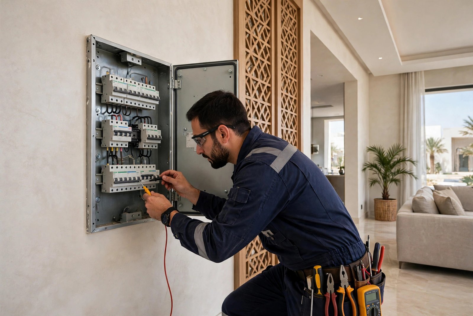 Electrician performing voltage fluctuation appliance fixes on a home breaker panel in a Riyadh villa