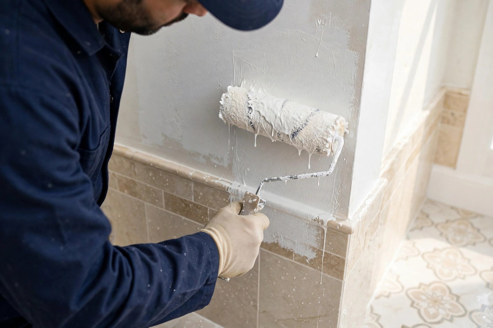 Anti mold bathroom paint facts: painter applying anti-mold paint with a roller in a Riyadh villa bathroom