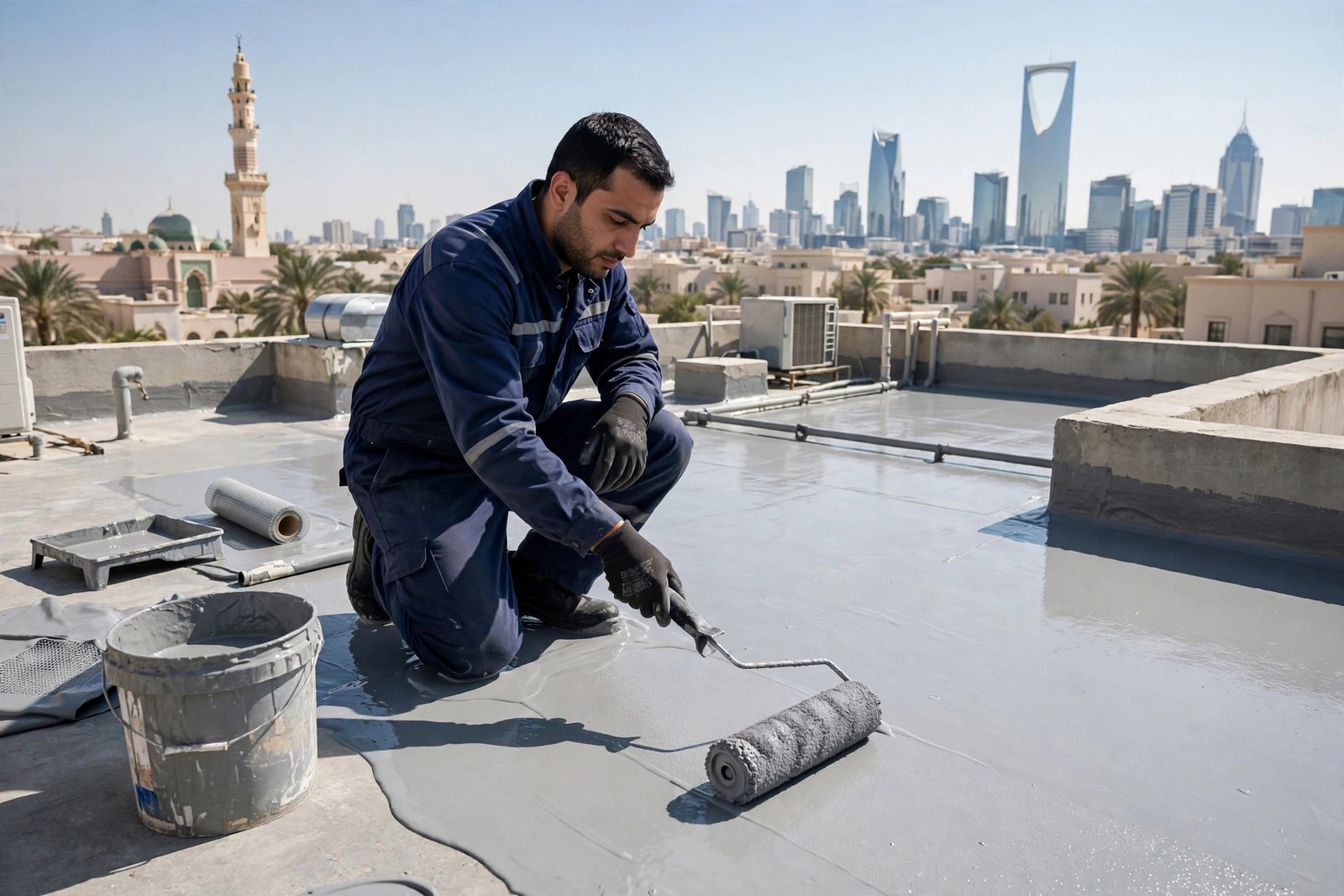 Technician rolling polyurethane waterproofing membrane on a Riyadh villa rooftop, showing the seamless coverage that is one of the key polyurethane waterproofing benefits