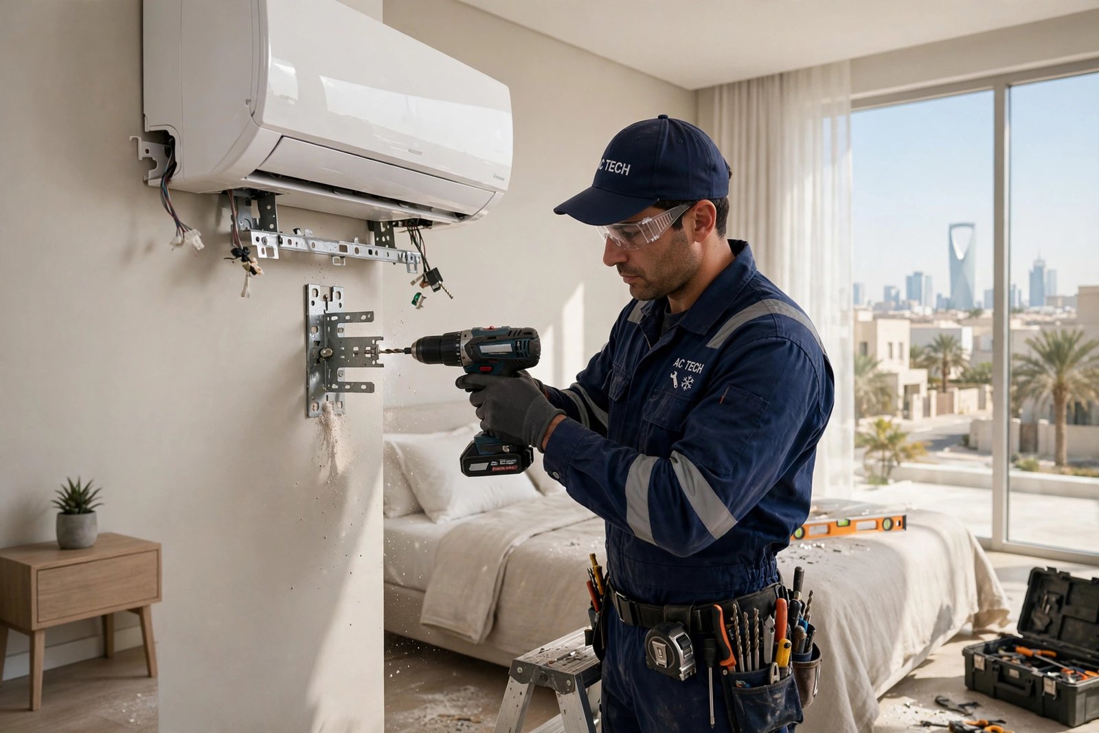 Technician installing a split AC indoor unit in a Riyadh villa, 1.5 ton vs 2 ton ac sizing guide