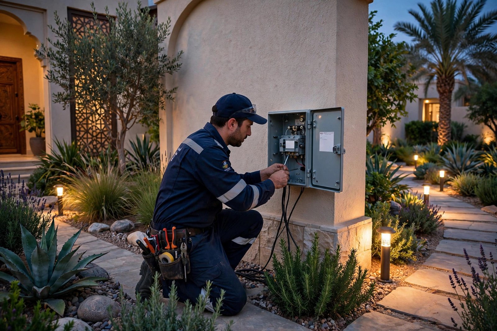 Electrician installing a landscape lighting transformer in a Saudi villa garden at dusk