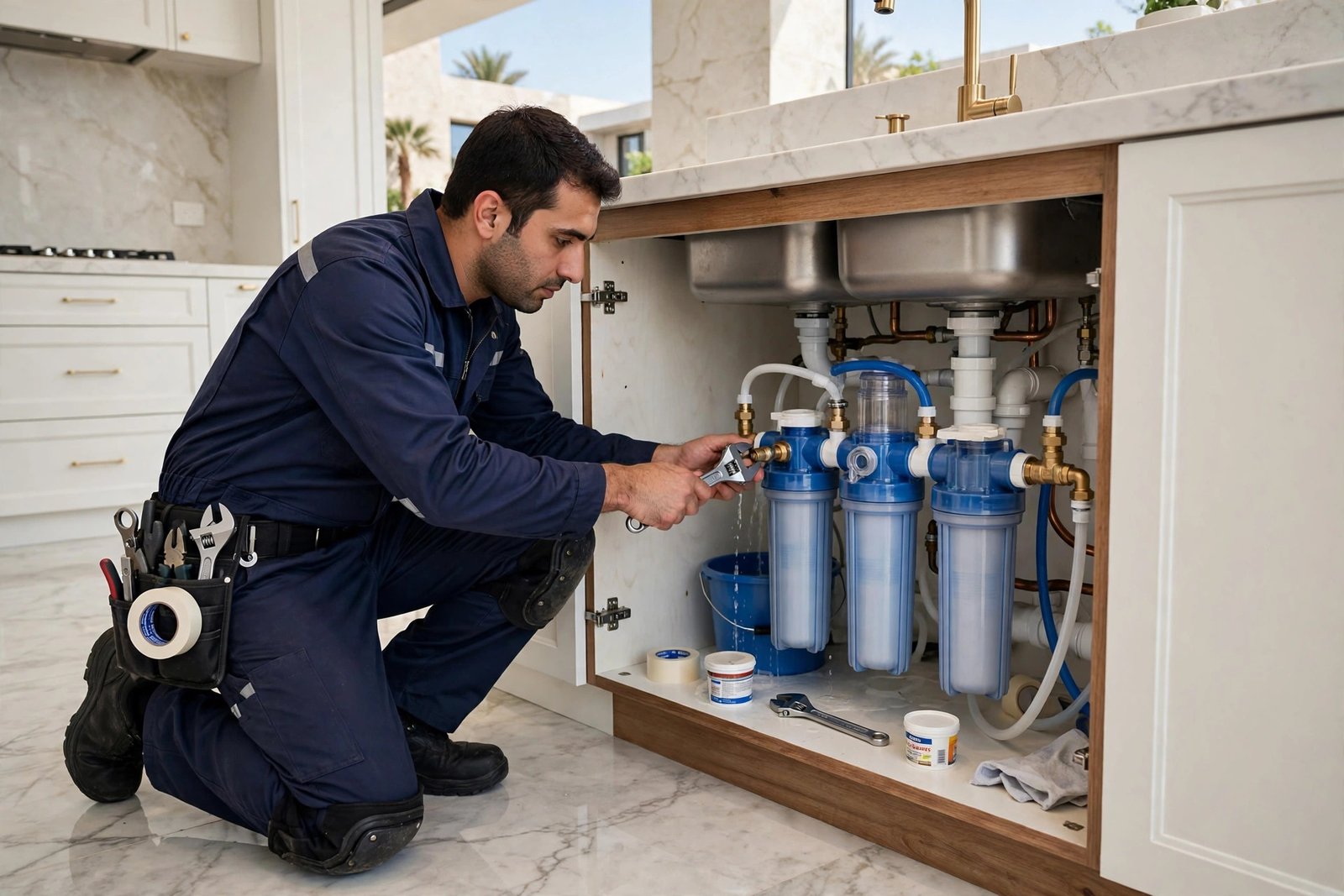 Plumber installing best under sink water filter Riyadh villa kitchen