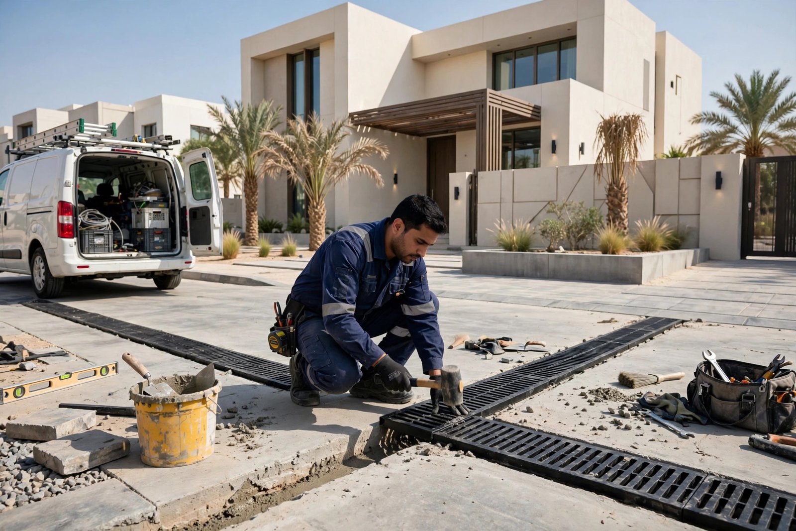 Technician installing a channel drain as one of the driveway drainage waterproofing fixes at a Riyadh villa