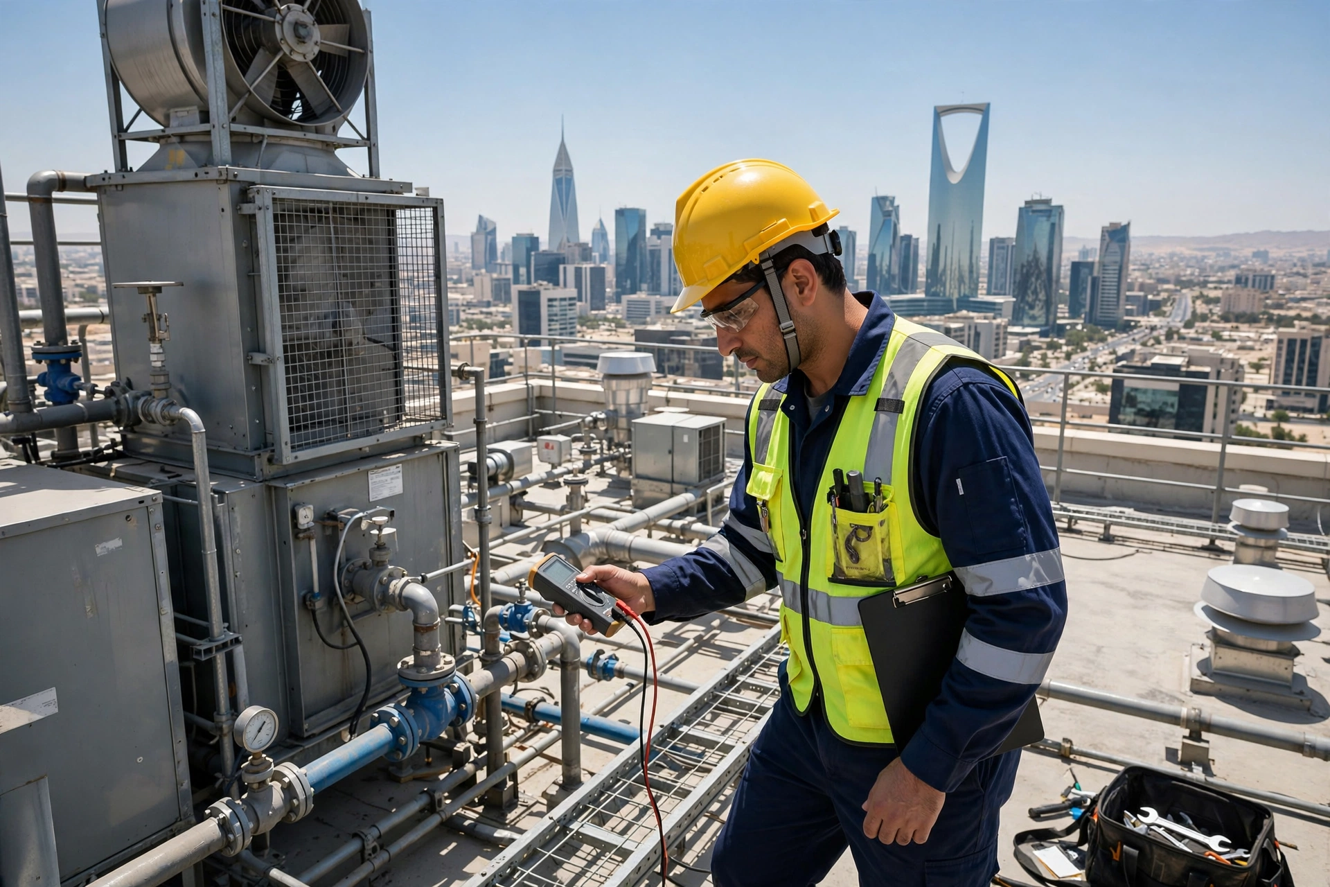 HVAC technician inspecting a commercial cooling tower on a Riyadh rooftop, checking cooling tower cleaning signs