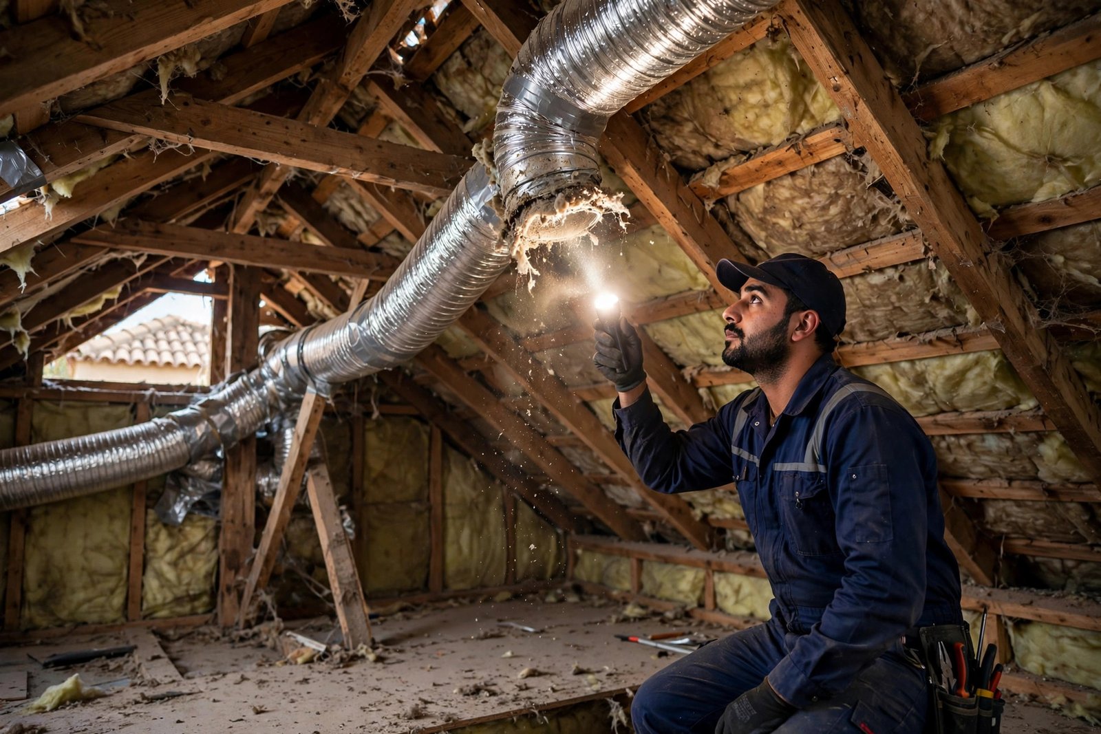 HVAC technician inspecting duct leakage signs in a Riyadh villa attic with a flashlight