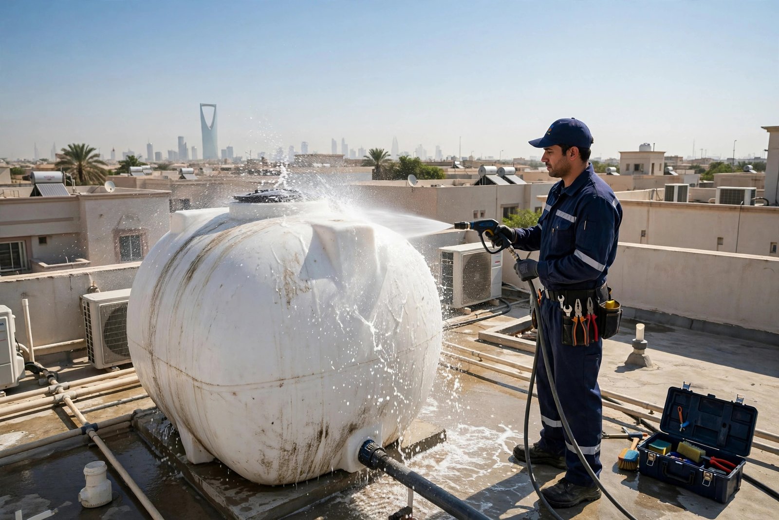 Plumber performing overhead tank cleaning steps on a villa rooftop in Riyadh