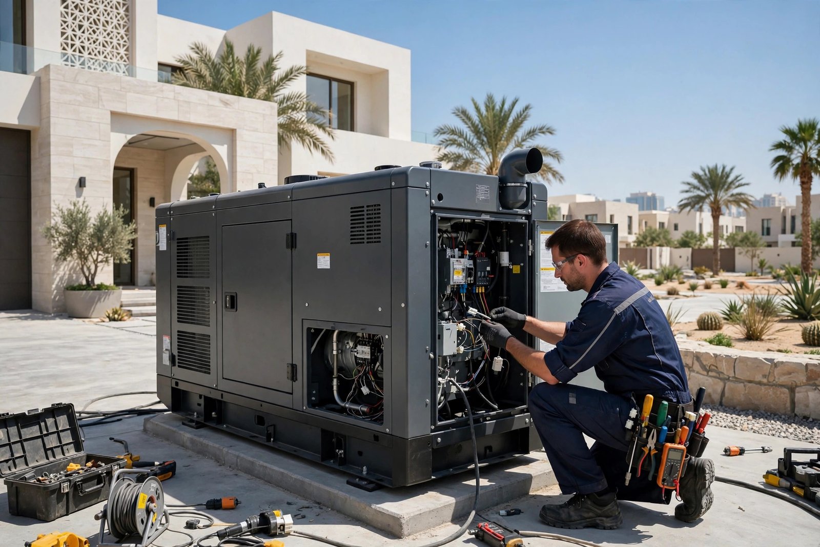 Villa generator buying guide: certified electrician installing a standby generator beside a modern Riyadh villa