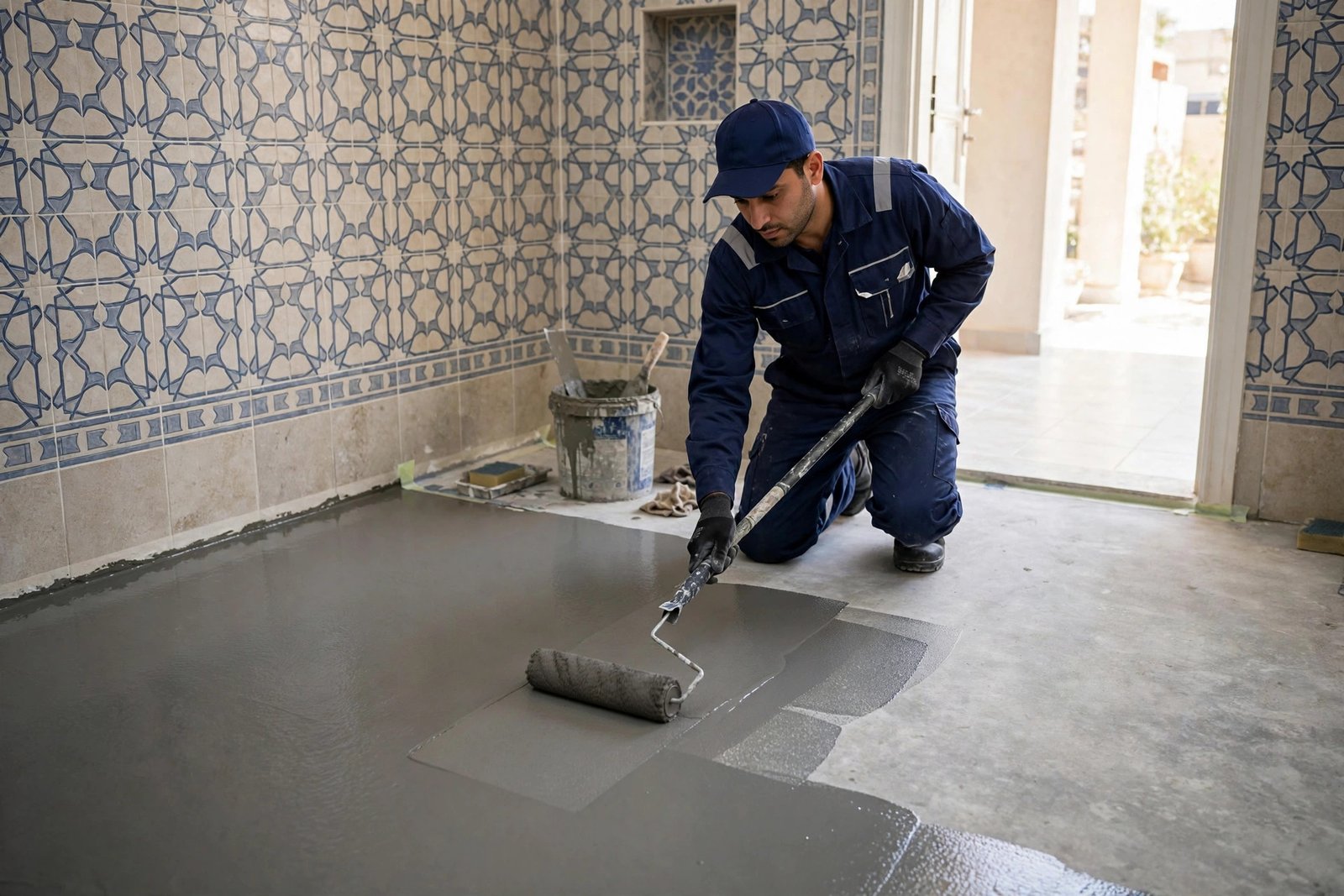 Technician applying cementitious waterproofing coating in a Riyadh villa bathroom