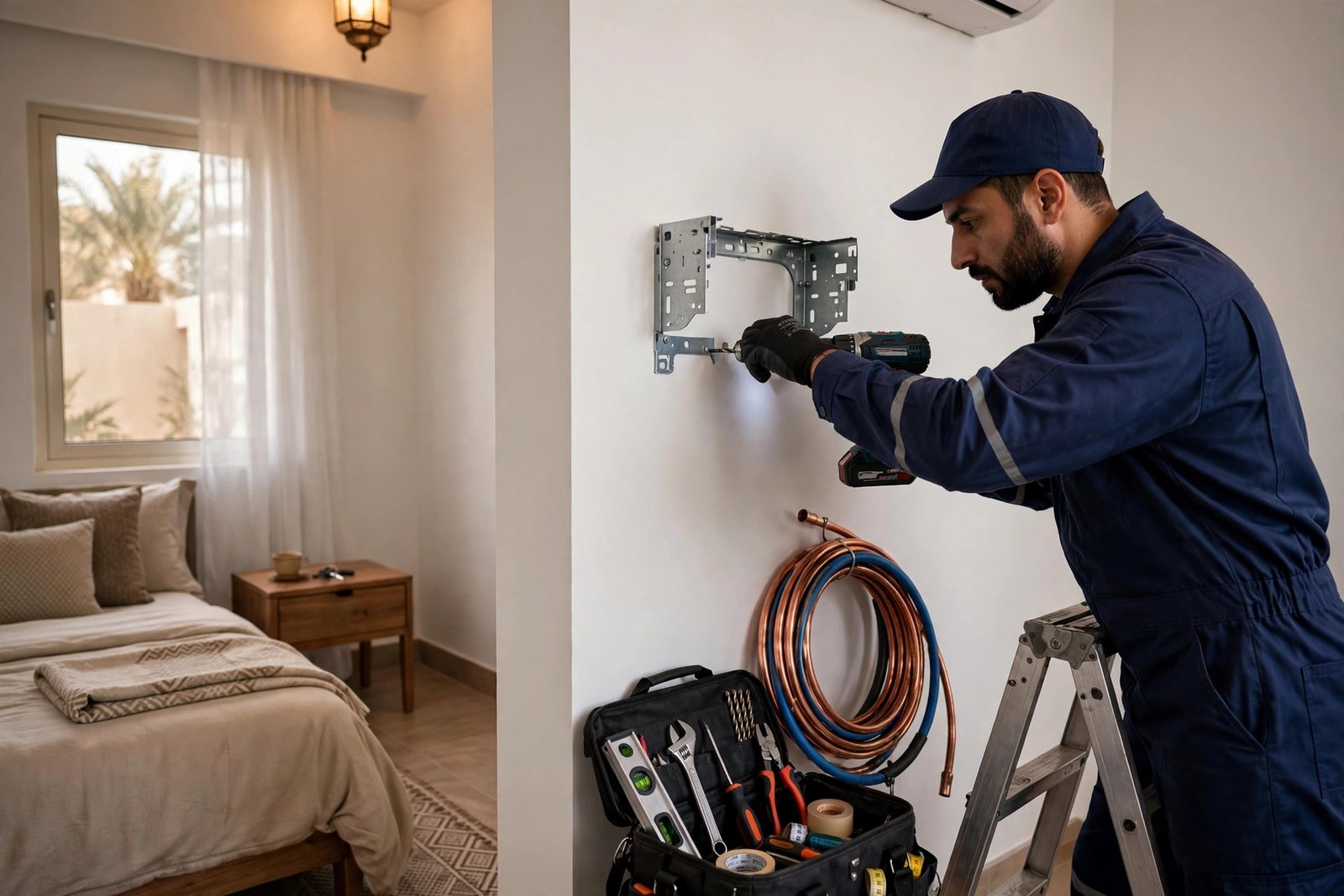 Technician avoiding common split ac installation mistakes while mounting a split AC indoor unit bracket in a Riyadh bedroom