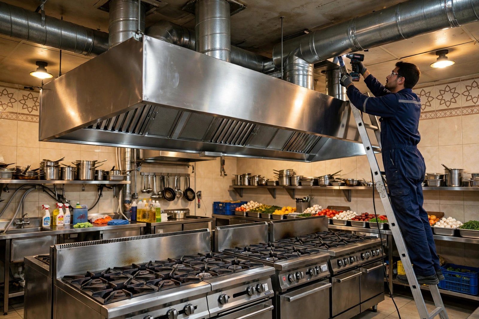 HVAC technician installing a commercial kitchen exhaust hood and ventilation standards ductwork in a Riyadh restaurant