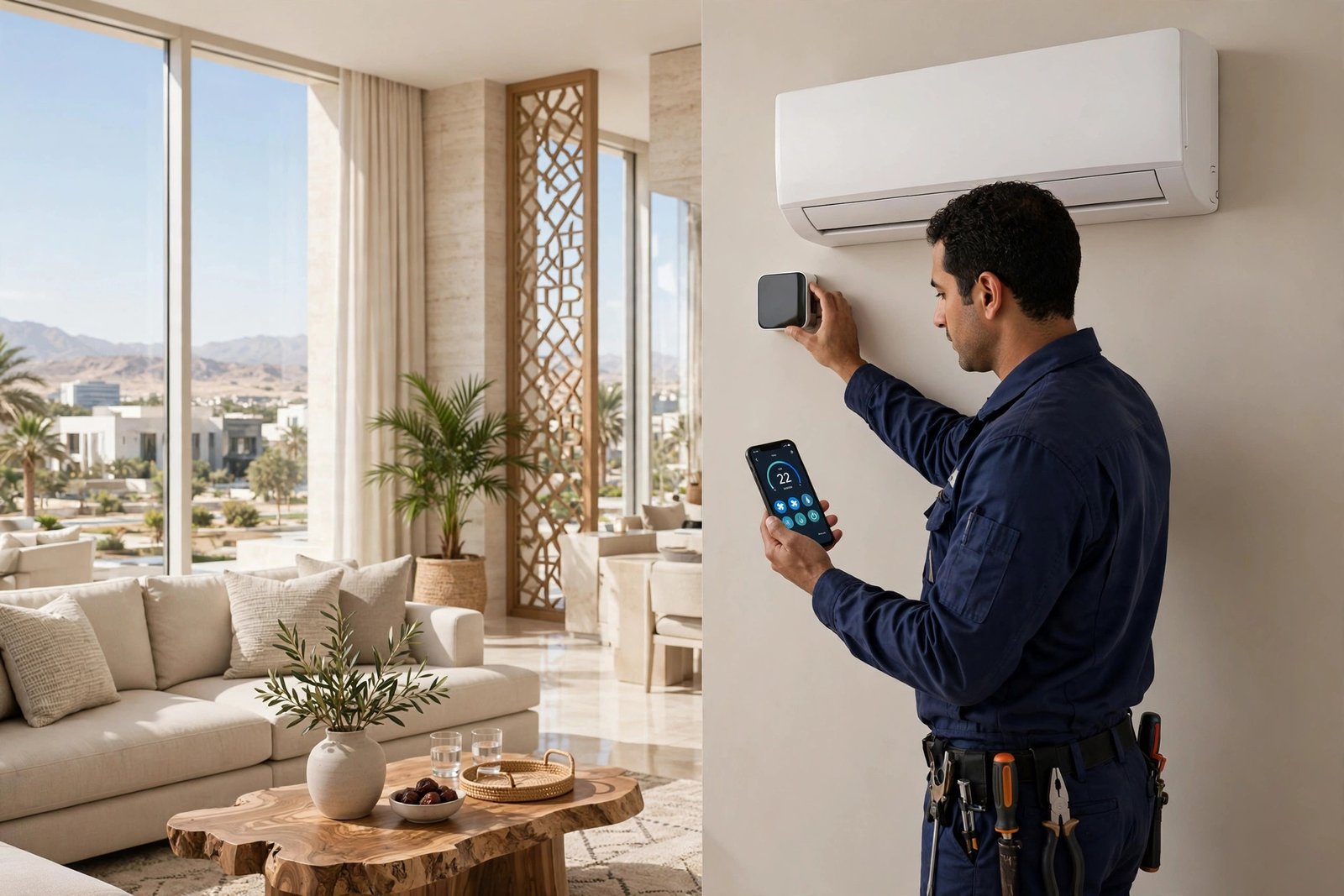 best smart ac controller riyadh: technician installing smart AC controller next to split AC unit in Saudi villa living room