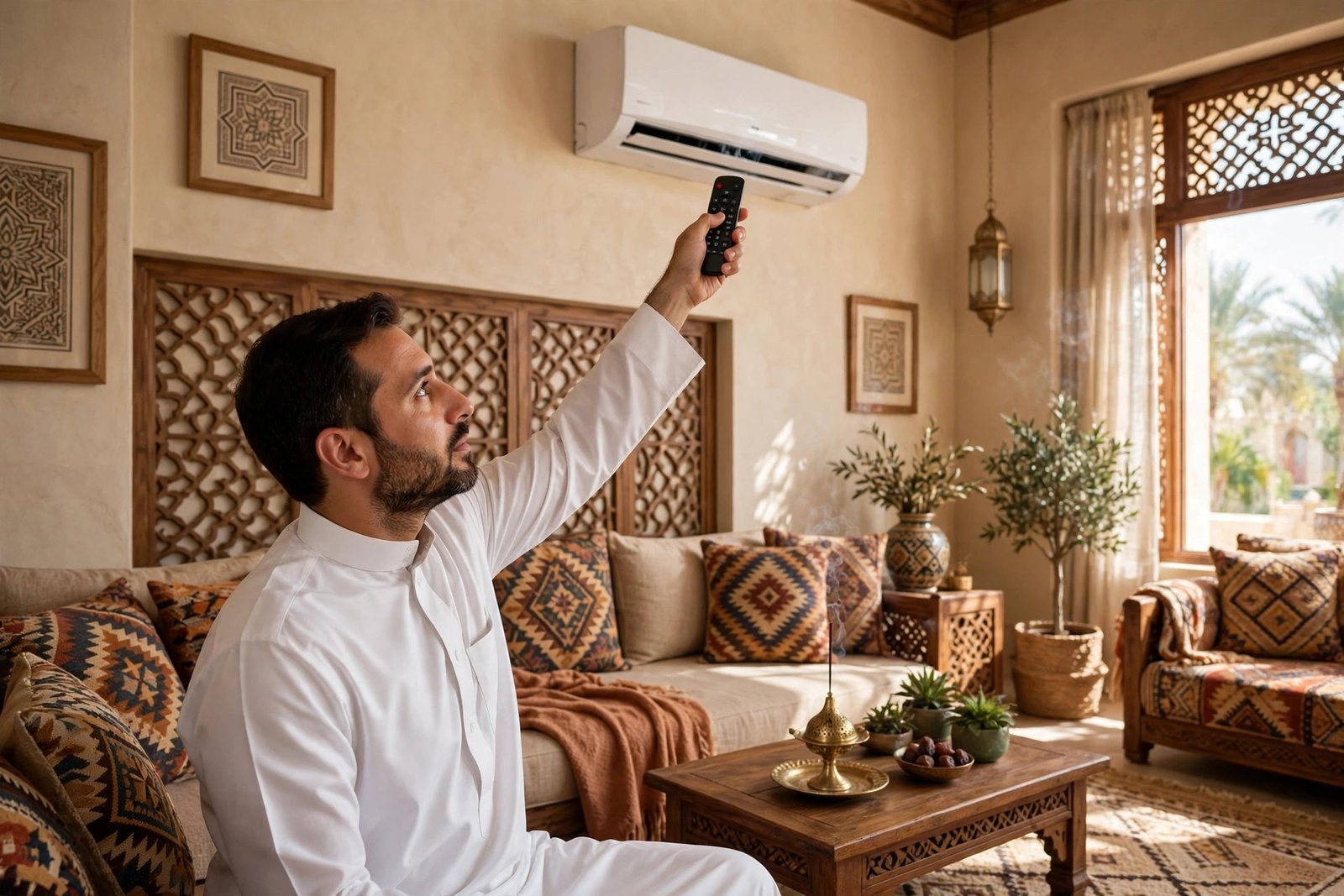 Split ac remote modes explained: Saudi man pointing an AC remote control at a wall-mounted split AC unit in a villa living room