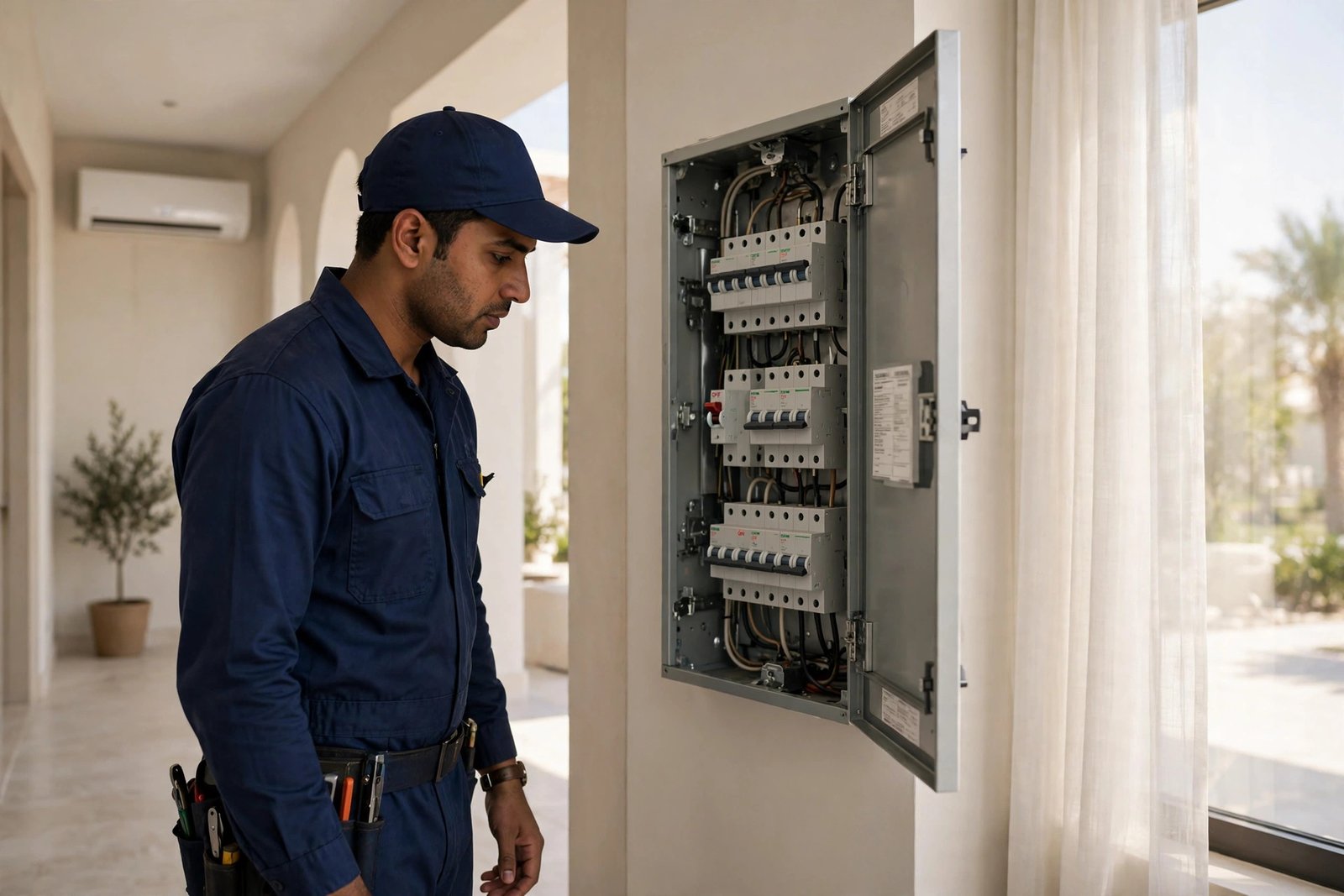 Technician inspecting a tripped breaker panel, one of the most common AC tripping breaker causes in Riyadh