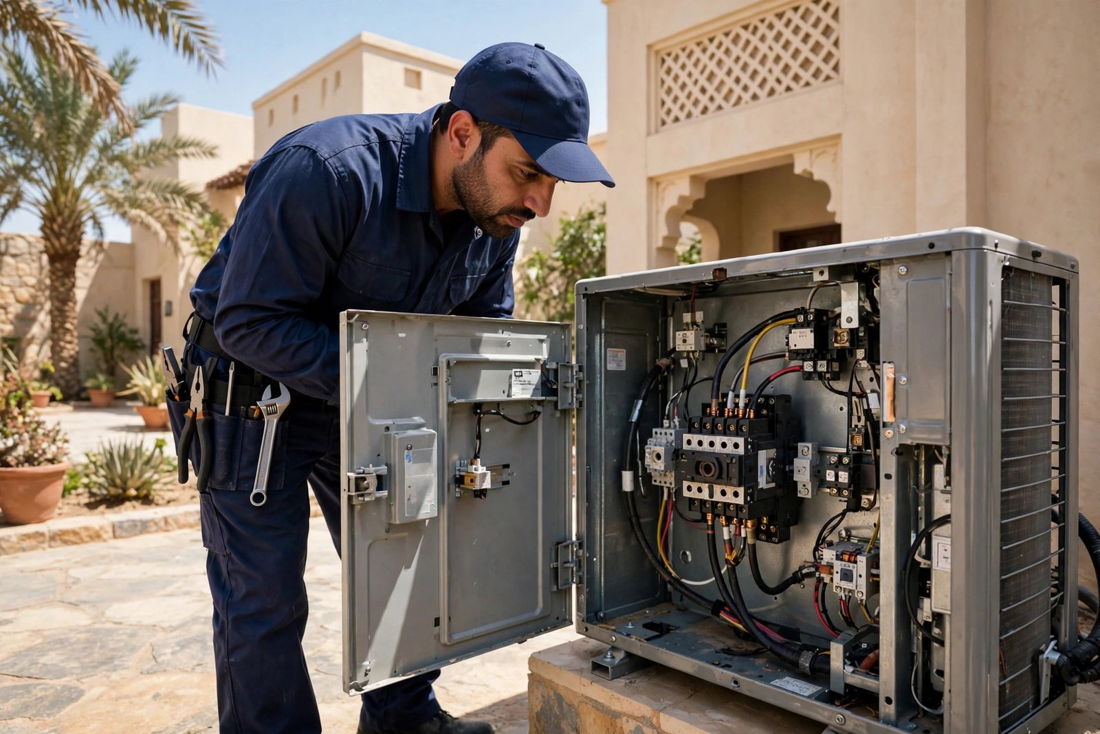 Technician checking AC contactor problem symptoms in outdoor unit electrical panel