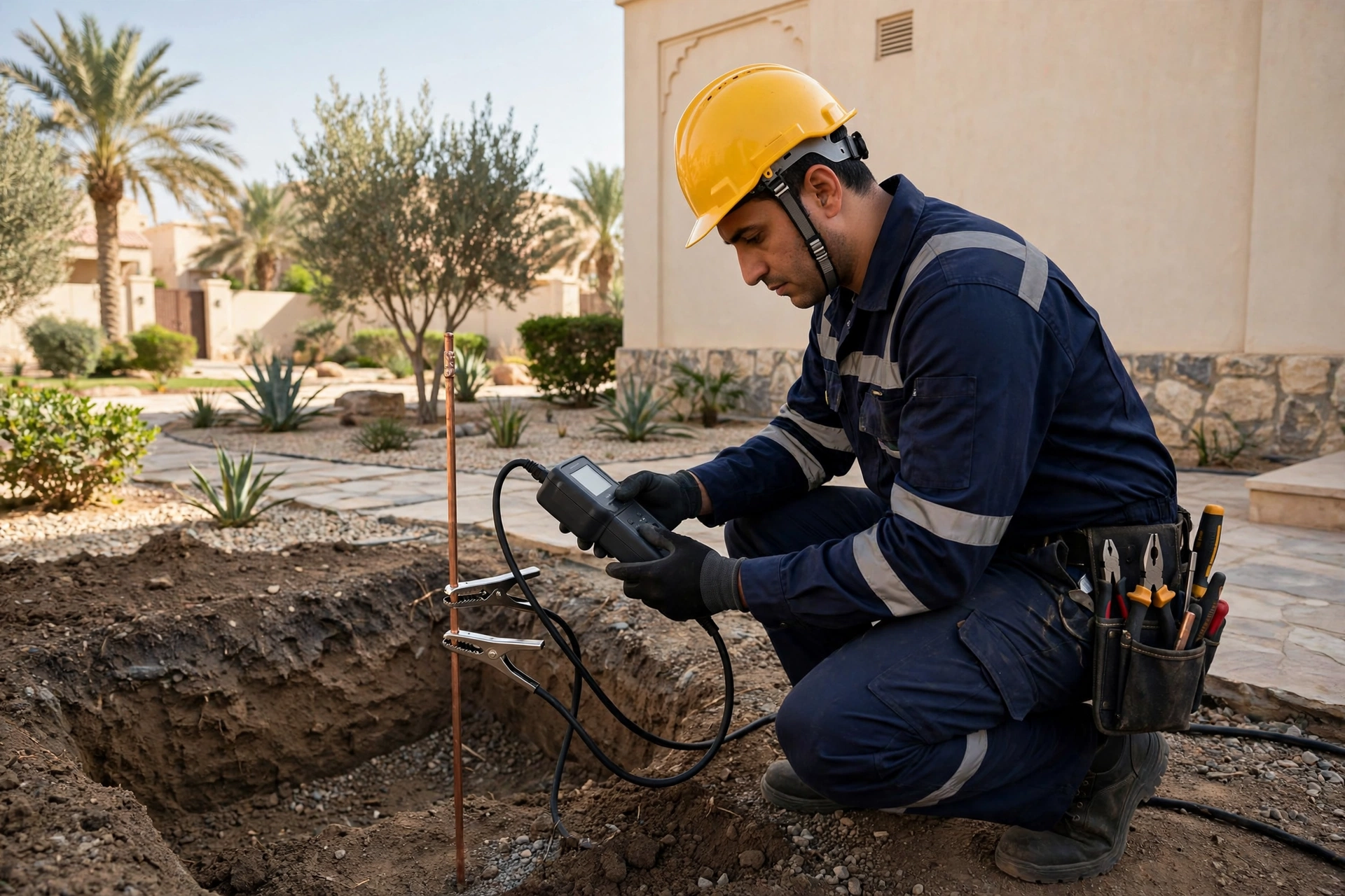 Electrician performing home earthing problem tests on a ground rod at a Riyadh villa