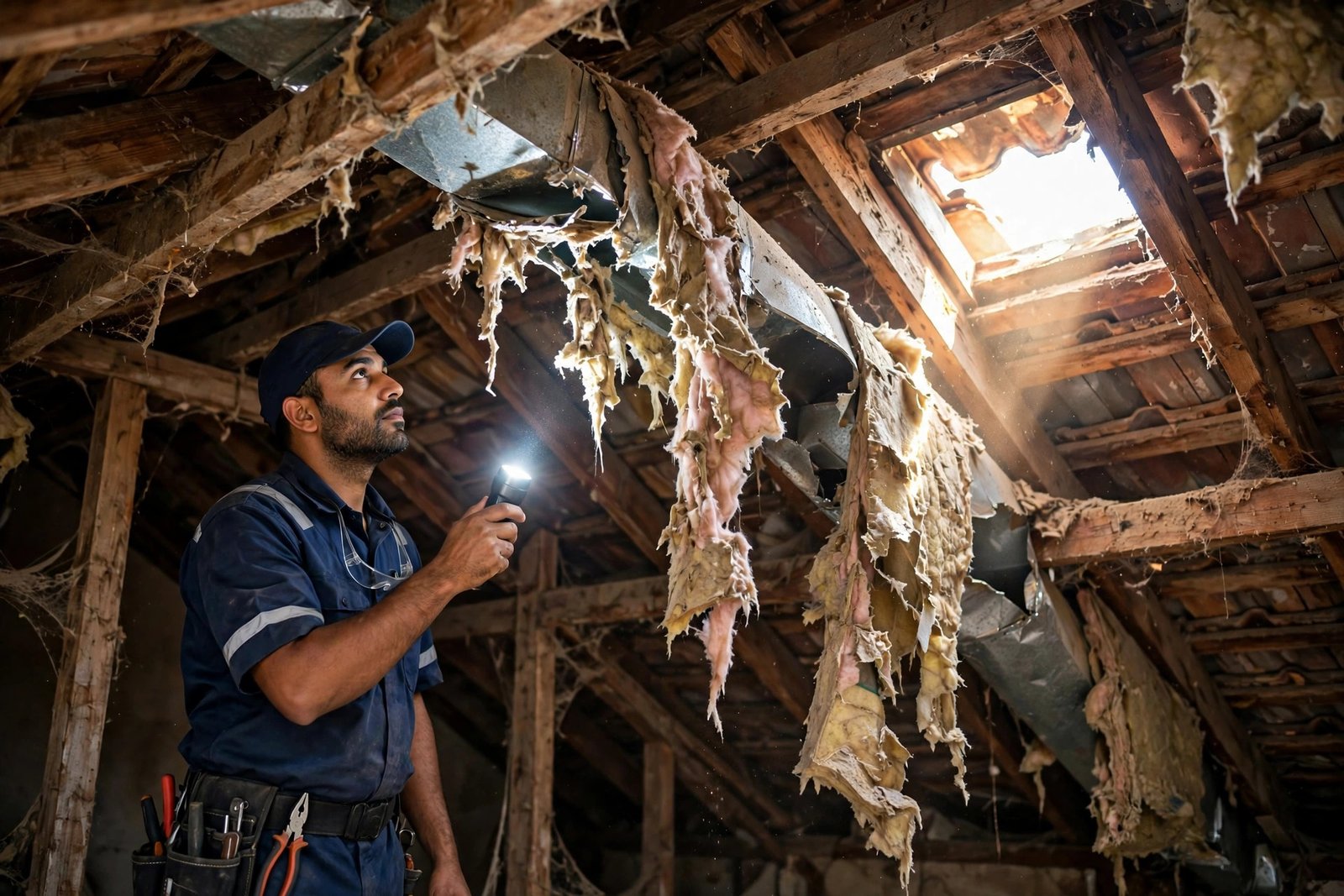 HVAC technician inspecting worn duct insulation replacement signs in a Riyadh villa attic