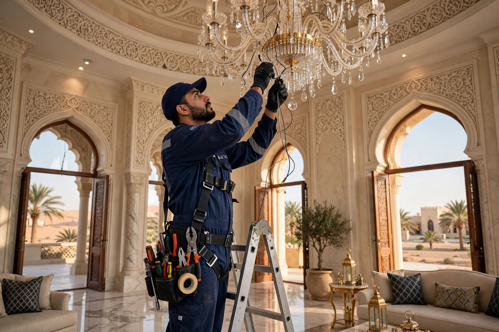 Uniformed SheelTalab electrician installing a crystal chandelier in a high-ceiling Riyadh villa hall, chandelier installation cost Riyadh guide