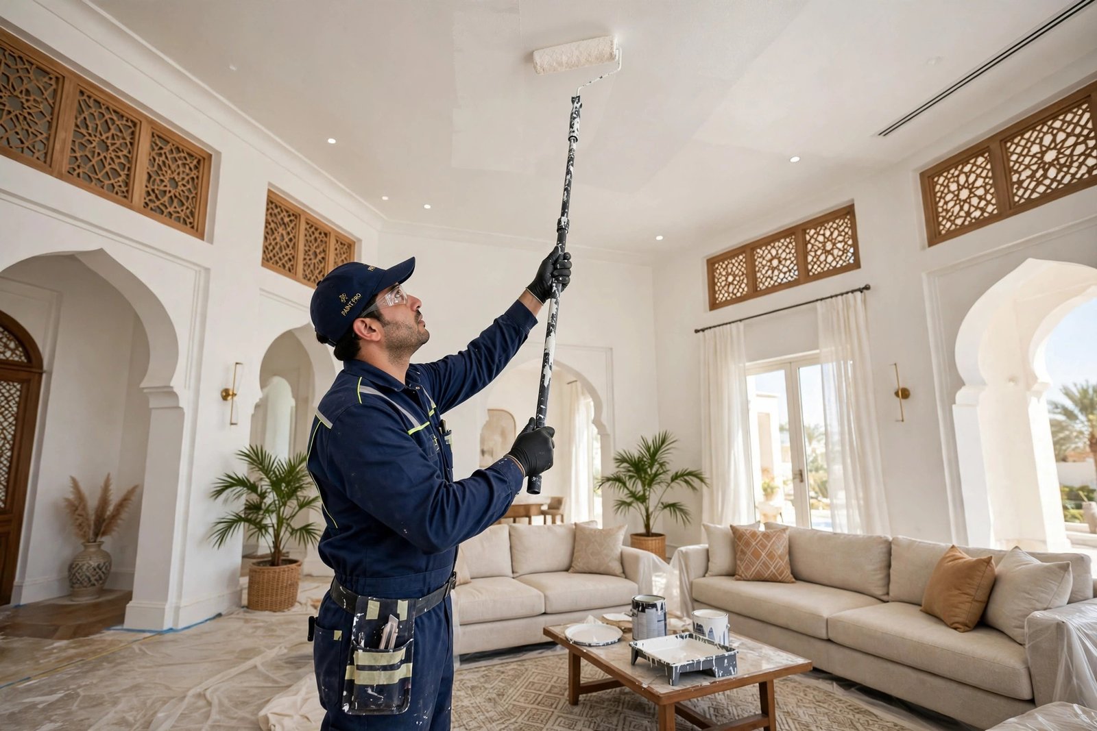 Professional painter applying ceiling painting techniques with roller and extension pole in a Saudi villa