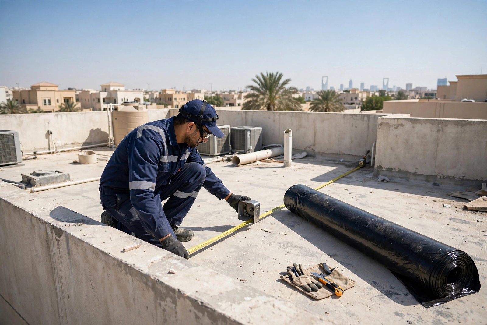 Technician measuring waterproofing cost per meter Riyadh rooftop area before membrane application
