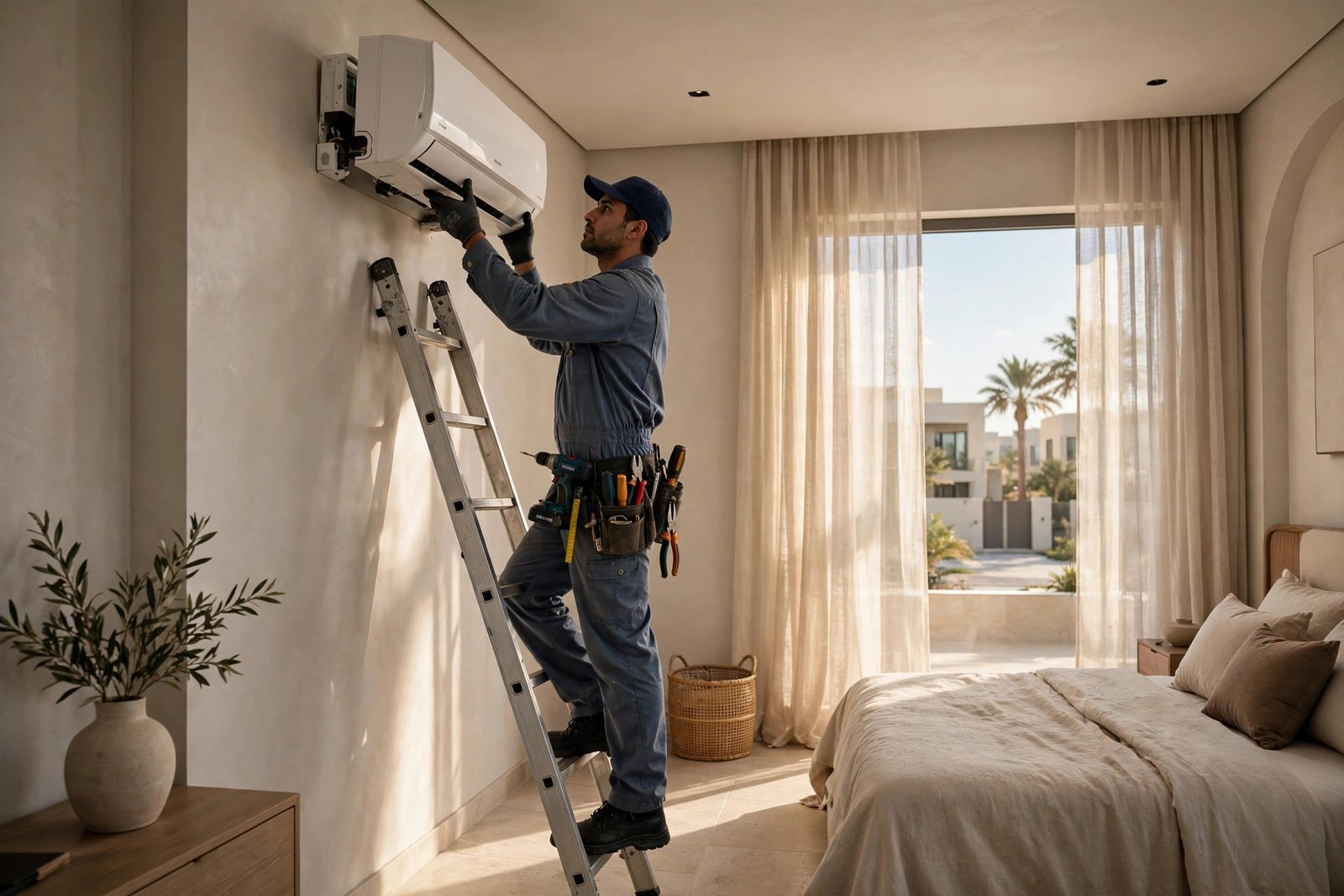 Technician installing a split AC indoor unit in a Saudi villa master bedroom, best ac placement villa rooms guide