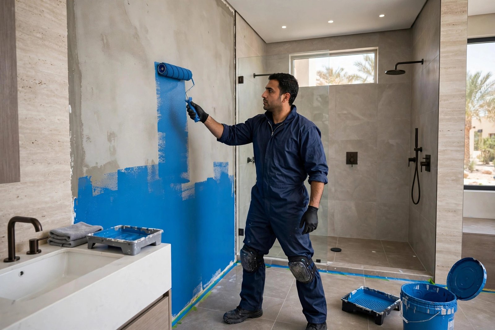Best waterproofing paint Riyadh: technician applying waterproofing paint to a bathroom wall