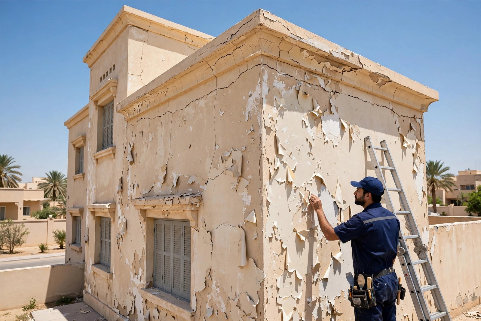 Villa facade repaint signs: chalky peeling paint on a Riyadh villa exterior wall examined by a uniformed painter