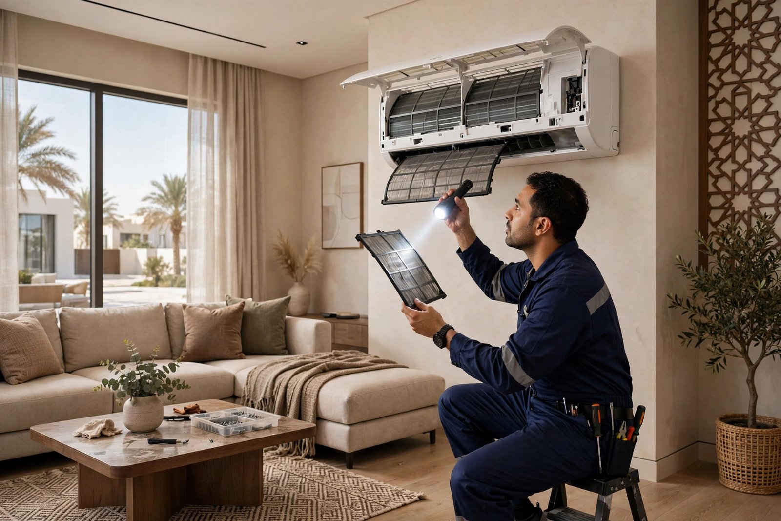 Certified technician inspecting a wall-mounted split AC unit, one of the common split AC short cycling causes checks